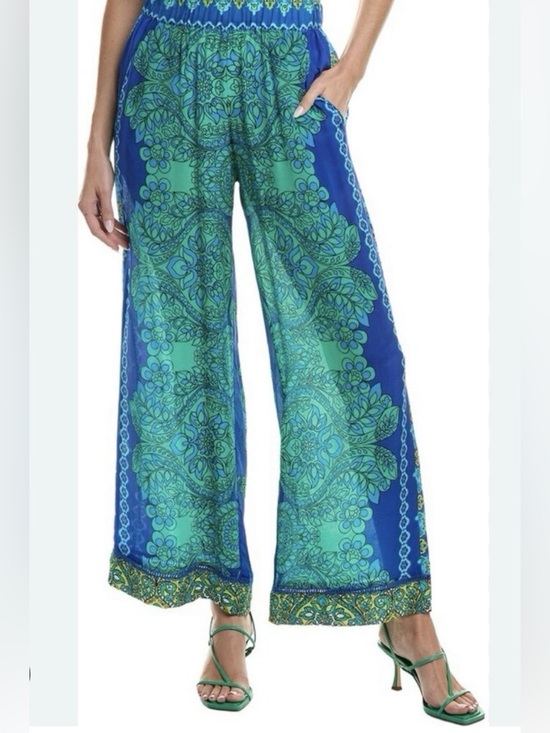 Johnny Was Pants - Johnny Was Diomedes Silk Wide Leg Pants Blue Green Boho Size Medium - NWT